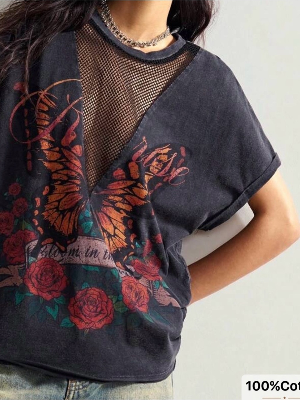 Women’s Black Butterfly Graphic Short Sleeve Tee with Mesh Inset NWOT Medium - Picture 3 of 8